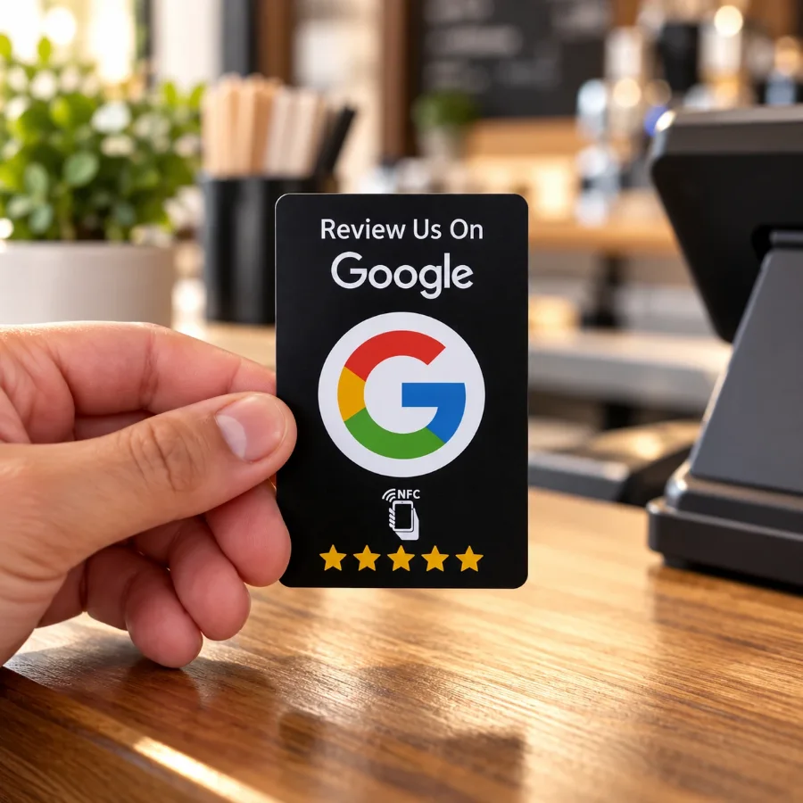 Cartão NFC de avaliação Google na mão, em frente ao caixa de uma cafeteria